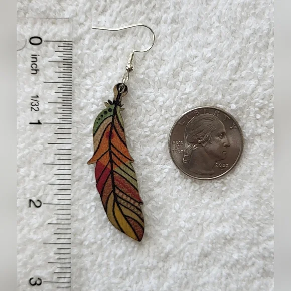 Colorful Wooden Feather Statement Dangle Earrings / Pierced - Picture 5 of 5